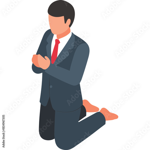 Man in a dark blue suit and red tie kneeling with hands clasped in prayer or supplication a symbol of faith hope and desperation isolated on a black background