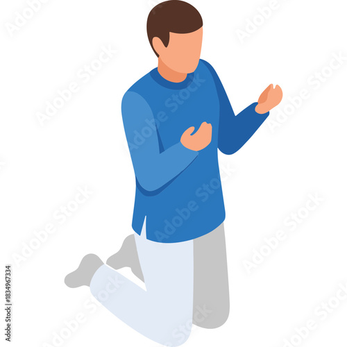 Man In Blue Long Sleeved Shirt And White Pants Kneeling With Hands Up In Prayer On Black Background