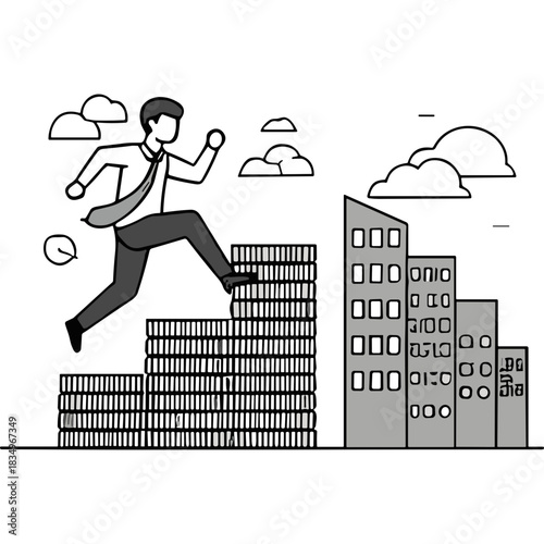 Man in Business Attire Leaping Between Abstract Buildings Under Cloudy Sky Monochrome Pixel Art Style