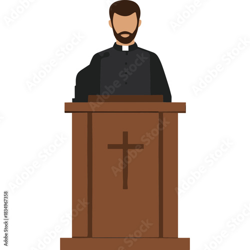 Man In Clergy Attire Standing At A Wooden Pulpit With A Cross Engraved On It Ready To Deliver A Sermon Or Speech In A Simple Clean Setting