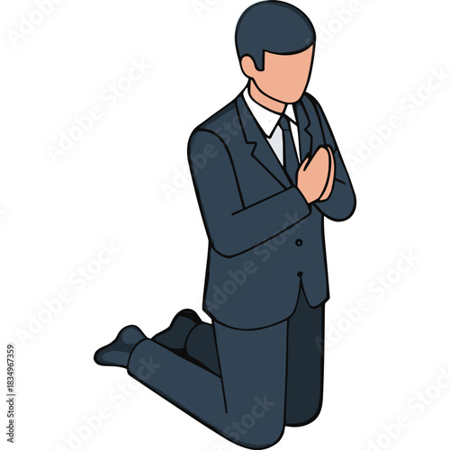 Man in Dark Blue Suit and White Shirt Kneeling in Prayer with Hands Clasped Against a Black Background Symbolizing Hope Faith and Devotion