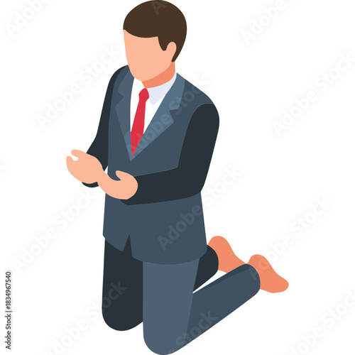 Man In Suit And Tie Kneeling In Prayer Or Supplication With Hands Clasped And Head Bowed Representing Hope And Faith On A Simple Black Background
