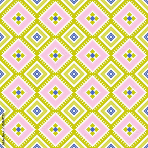 Delightful geometric pattern with pink, green, and blue diamonds creating a vibrant playful backdrop for creative projects and modern designs now