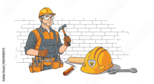 A skilled construction worker wearing safety gear and holding a hammer stands ready to build, surrounded by essential tools of the trade.