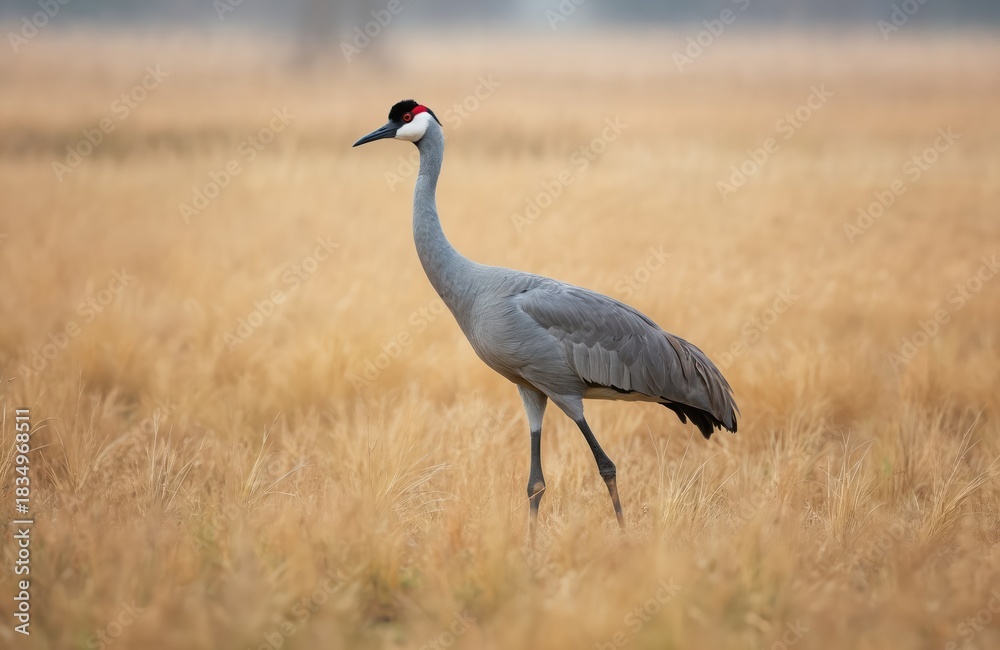Obraz premium Grey sandhill crane bird with red patch on its head stands in dry yellow grass field. Tall long legged creature walks calmly. Its a wild animal in natural habitat during daytime.