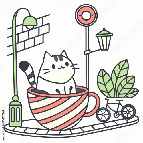 Amused American Shorthair with sitting in a teacup ride, set in a charming Urban Jungle theme – Urban Jungle color vector art