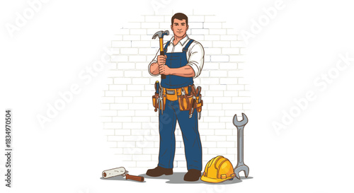 A skilled handyman stands confidently, equipped with a hammer and a comprehensive tool belt, ready for various home repair and construction tasks.