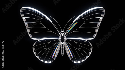 Elegant Iridescent Crystal Glass Butterfly Illustration with Detailed Symmetrical Transparent Wings