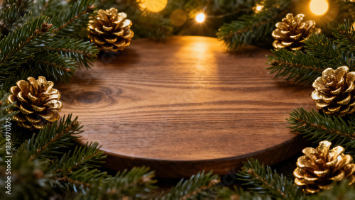 Wood Slice & Pine Branch Pinecone Christmas Decoration Still Life Photography