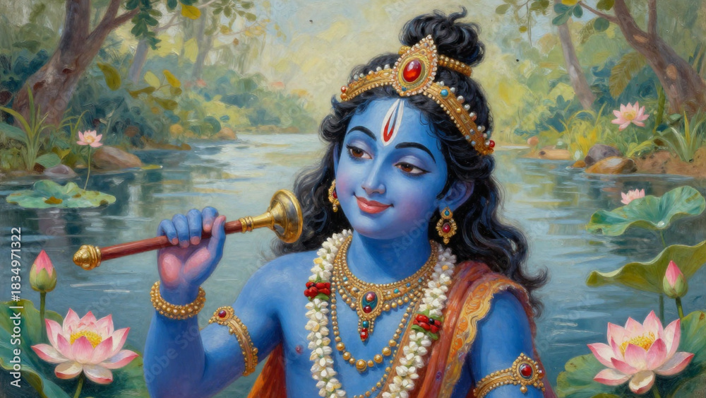 Fototapeta premium Serene Krishna plays his flute by a tranquil pond filled with lotus flowers, offering a moment of peace and spiritual connection to your project