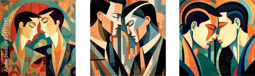 Art Deco Cubist Portrait of Gay Couple in Tender Embrace