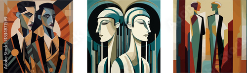 Art Deco Cubist Triptych of Stylish Figures with Dramatic Flair