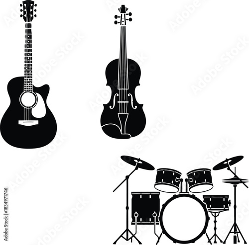 Black Musical Instruments Vector Icon Set