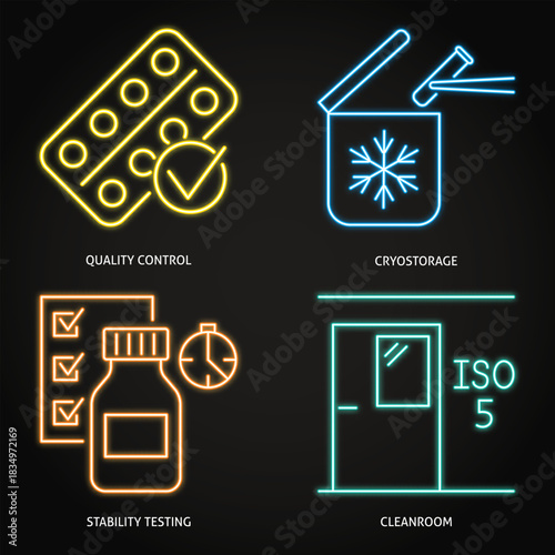 Quality control and standards neon icon set