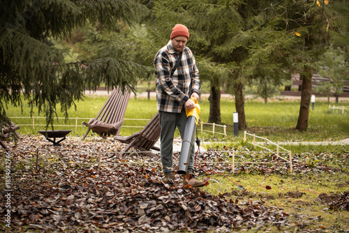 Cordless Leaf Blowers. handheld, cordless, electric leaf blower in a garden, selective focus. Autumn, fall gardening works in a backyard, on a lawn, grass. Garden works.