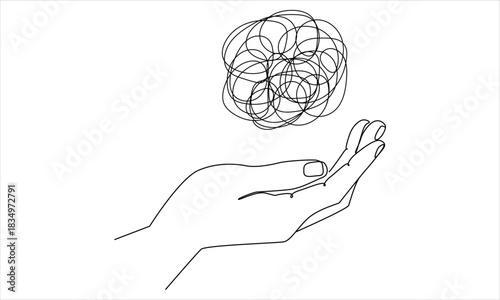 Continuous one line drawing of mental health concept. Unravels bad mental health.Chaotically tangled line eps 10