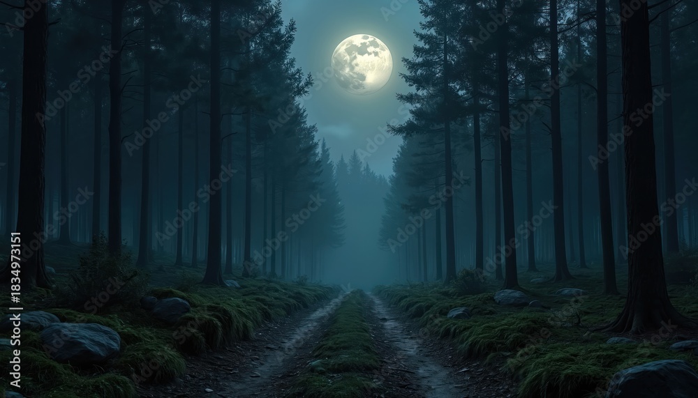 Fototapeta premium Illustration of a mystical night forest with a full moon illuminating the path. Dark trees in fog creating an atmosphere of mystery. Woodland scenery background.