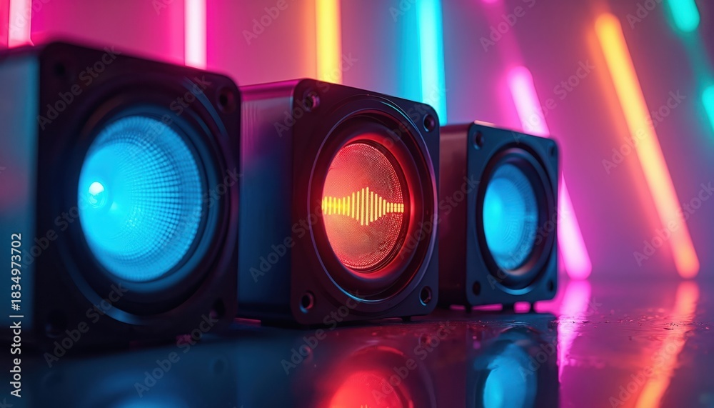 Fototapeta premium Three speakers glow with colorful lights. A sound wave pulses on the center speaker. Neon tubes create a vibrant backdrop, suggesting music and entertainment.