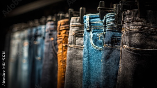 Display of various styles and colors of jeans on a shop shelf showcasing intricate fabric textures and details in a retail setting