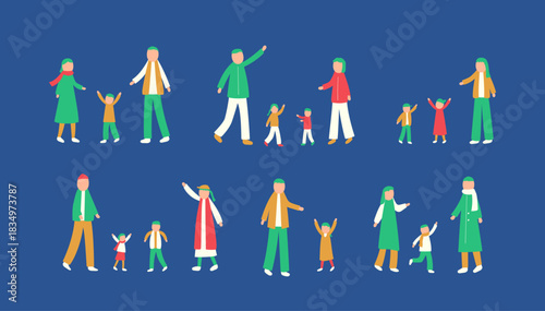 冬を過ごす家族のイラストセット