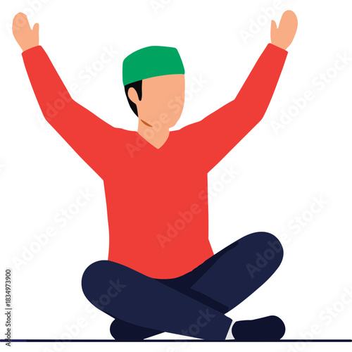 Man Wearing Green Kufi Cap and Red Shirt Sitting Cross Legged With Arms Raised In Prayer or Supplication Isolated On Black Background