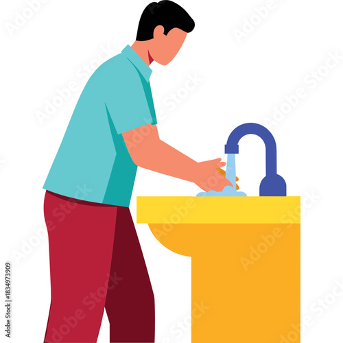 Man Washing Hands Under Running Water From A Blue Faucet Over A Yellow Sink Wearing A Light Blue Shirt And Red Pants hygiene concept flat illustration