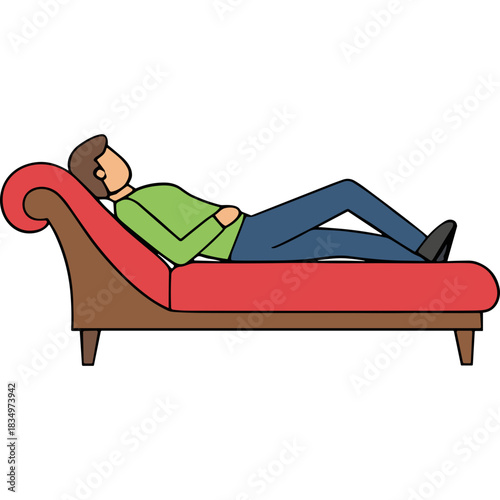 Man Lying Down On A Red Couch In A Green Sweater And Blue Jeans Relaxing In A Calm Setting With Minimalist Design