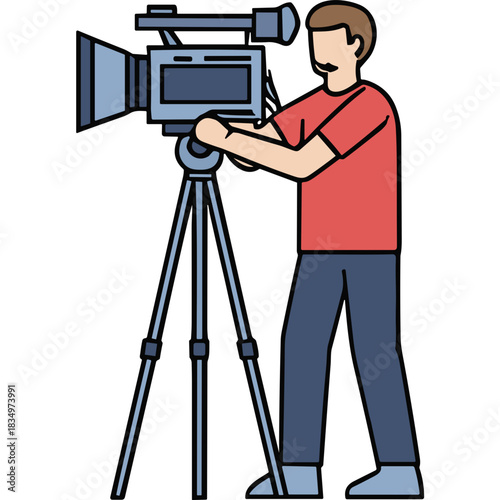 Man Operating Professional Video Camera On Tripod In Studio Environment With Simple Color Block Background And Muted Lighting