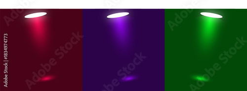 Illuminated stage with scenic lights and smoke.vector spotlight with smoke volume light effect.Stadium cloudiness projector. Mist show room.