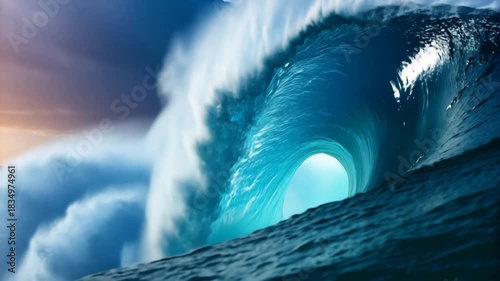 Massive ocean wave curling with powerful blue water and white foam breaking in the sea