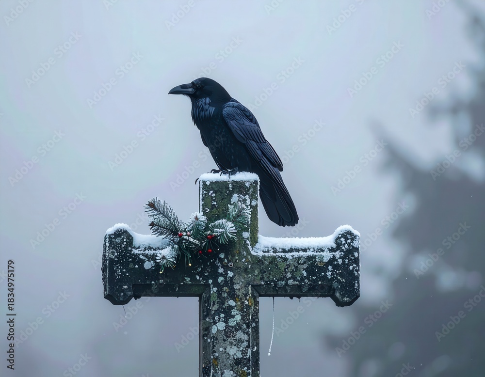 Fototapeta premium Raven Perched on Snow-Covered Cross in Foggy Cemetery During Winter Morning