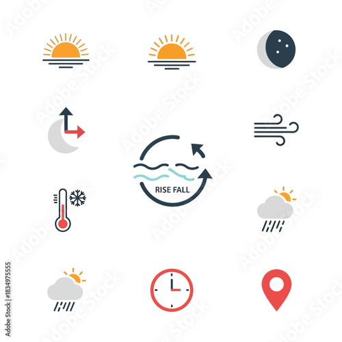 Weather Icons Set - Sunrise, Sunset, Moon, Wind, Rain, Temperature, Clock, Location.