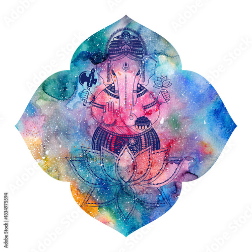 Ganesha, or Ganapati, Indian deity in the Hindu, silhouette in lotus flower with bright colorful pink and blue watercolor texture, mandala shape. Isolated illustration for print, poster, printing.