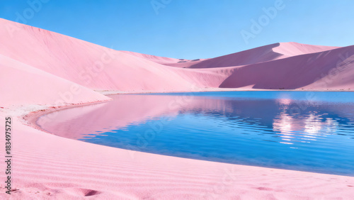 Pink Sand Dune & Blue Lake Natural Landscape Photography