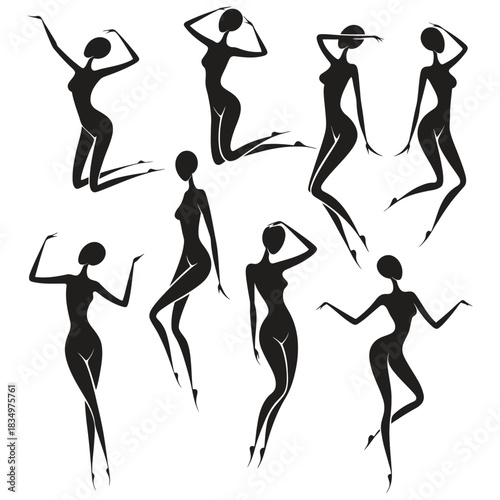 Collection of stylized black female silhouette figures posing dynamically, isolated on white background, representing fashion, dance, or abstract human form.