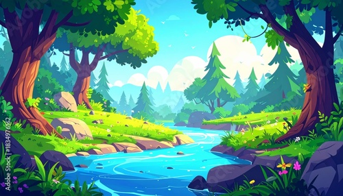 Vibrant cartoon forest landscape with a clear blue river winding through lush green trees and sunlit meadows.