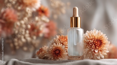 Cosmetic dropper bottle and flowers