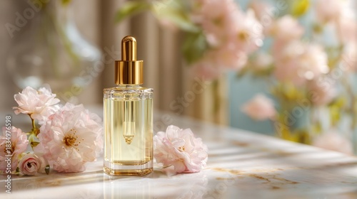 Golden dropper bottle with flowers