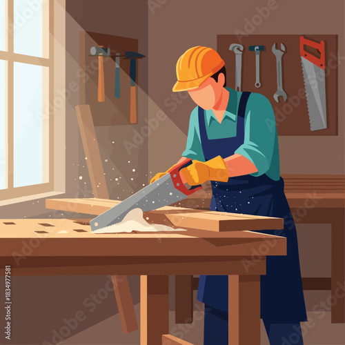 Skilled carpenter sawing wood in a sunlit workshop, creating crafts