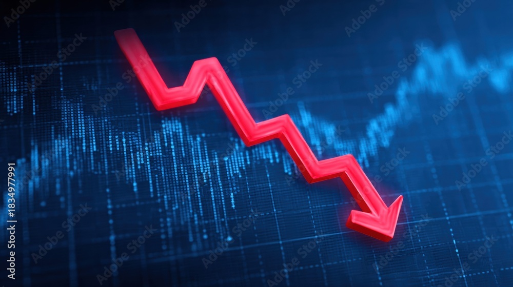 Naklejka premium Financial market downturn concept with a red arrow pointing downwards.