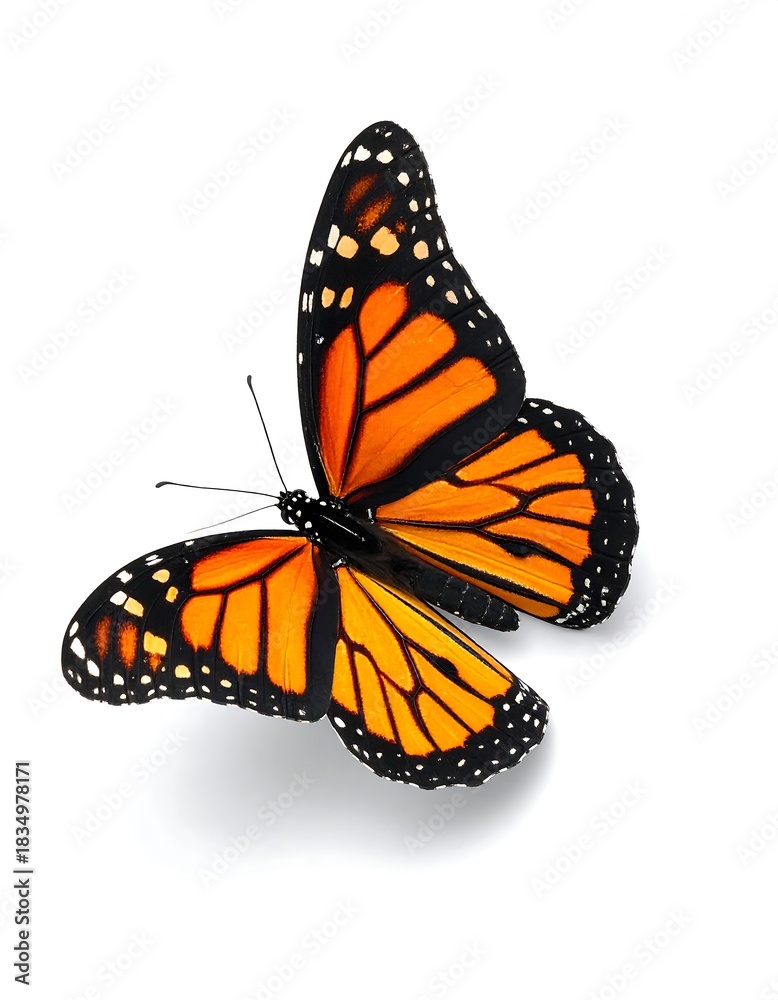Obraz premium Close-up of a Monarch butterfly, wings spread, on a white background