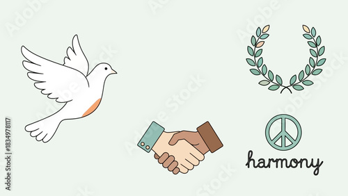 Promote world peace and understanding with this dove, wreath, handshake, and peace symbol representing global harmony, unity, and hope for a better future