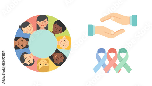 Diverse community circle of care and support, promoting global health awareness, featuring caring hands and symbolic ribbons for unity and hope in illness battles