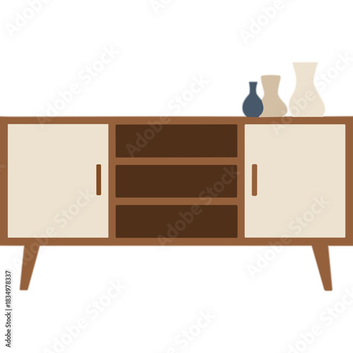 Mid Century Modern Credenza With Ceramic Vases On Top In Warm Earthy Tones And Clean Lines