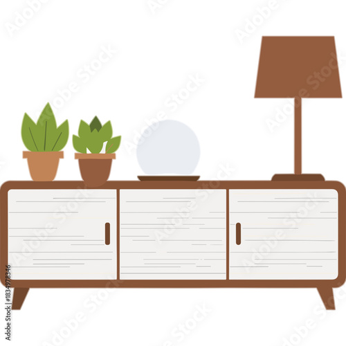 Mid Century Modern Credenza With Two Potted Plants A Sphere Lamp And A Table Lamp In Earth Tones Against A Transparent Background