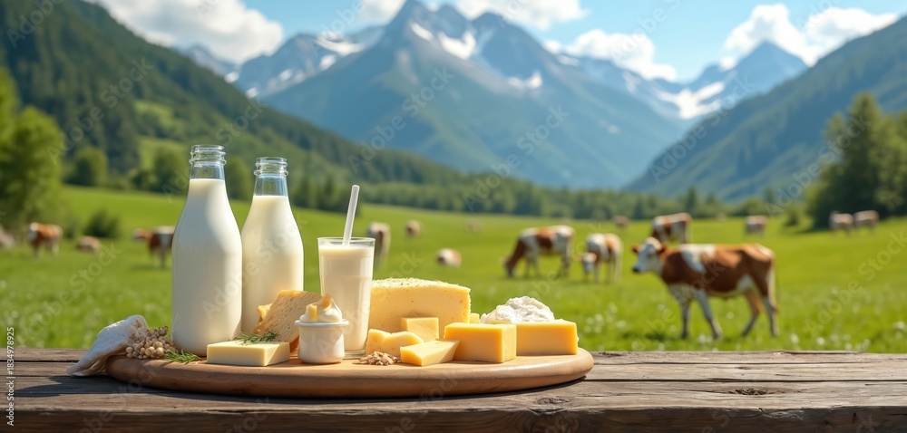Naklejka premium Fresh dairy products like milk, cheese sit on table. Cows graze in green mountain pasture under blue sky. Scene conveys natural, farm-fresh quality. Shows healthy food sourced from rural farms.