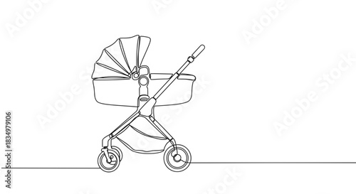 Line drawing of a modern baby stroller on a transparent background designed for infants with adjustable hood and wheels, perfect for outdoor walks and urban life.