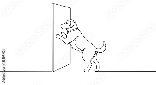 Line drawing of a playful dog standing upright on its hind legs while knocking on a door, isolated on a transparent background