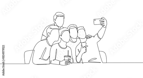 Line drawing of a group of friends taking a selfie together at a table in a casual indoor setting with one friend holding a cup on a transparent background