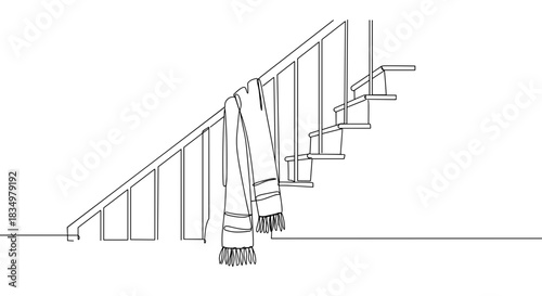 Line drawing of a staircase with handrail in a minimalist style on a transparent background showcasing a series of steps ascending into the air